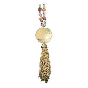 Long Hammered Gold Medallion Necklace with Beaded Detail & Chain Tassel